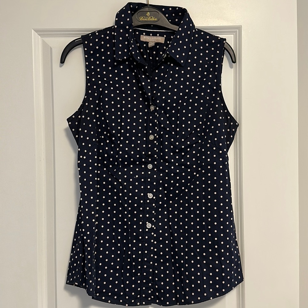Blue polka dot button down tank